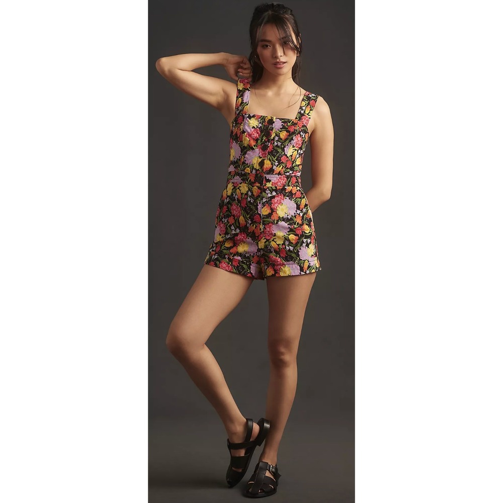 Maeve Anthropologie Yukiko Noritake Portside Floral Button Romper Orange Mot 10